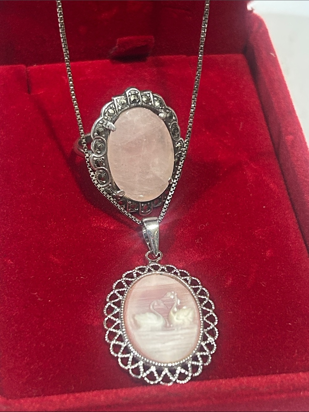 Sterling silver necklace and ring set with pink stone